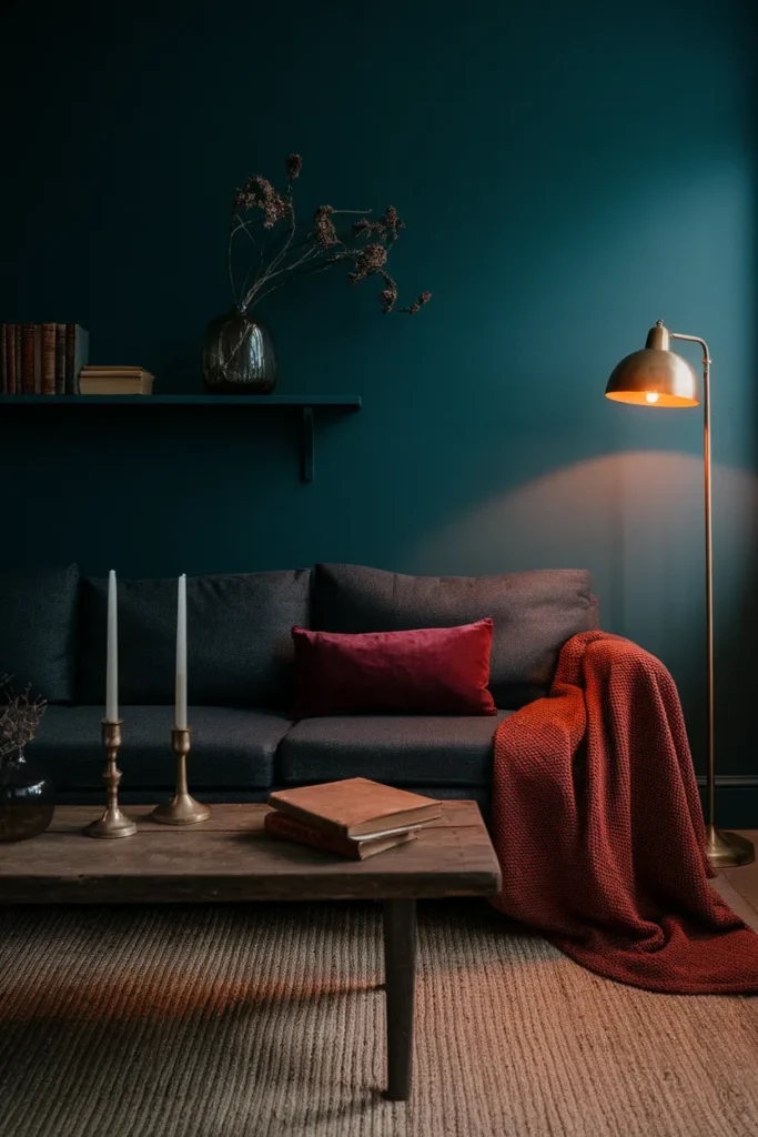 Dark cottagecore living room at dusk with forest green walls, velvet textiles, and warm lamplight.