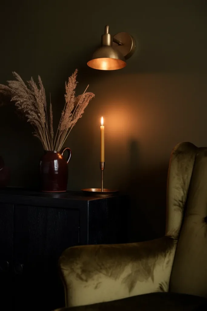 Dark cottagecore living room wall in deep olive with brass sconce, candlelight, and oxblood accents