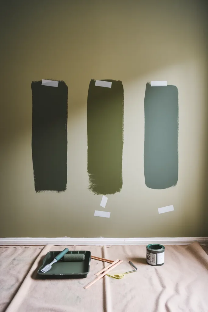 Dark green paint swatches taped to a wall while choosing a moody cottagecore living room color.