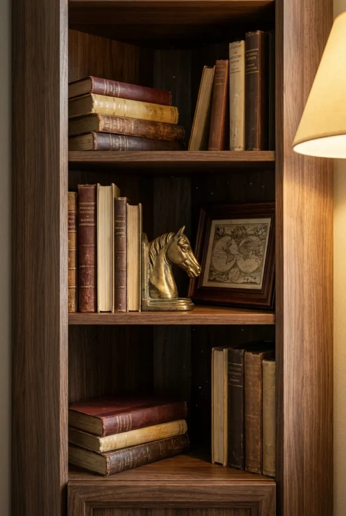 Dark walnut corner bookcase styled with vintage books, a brass bookend, and a small antique map.