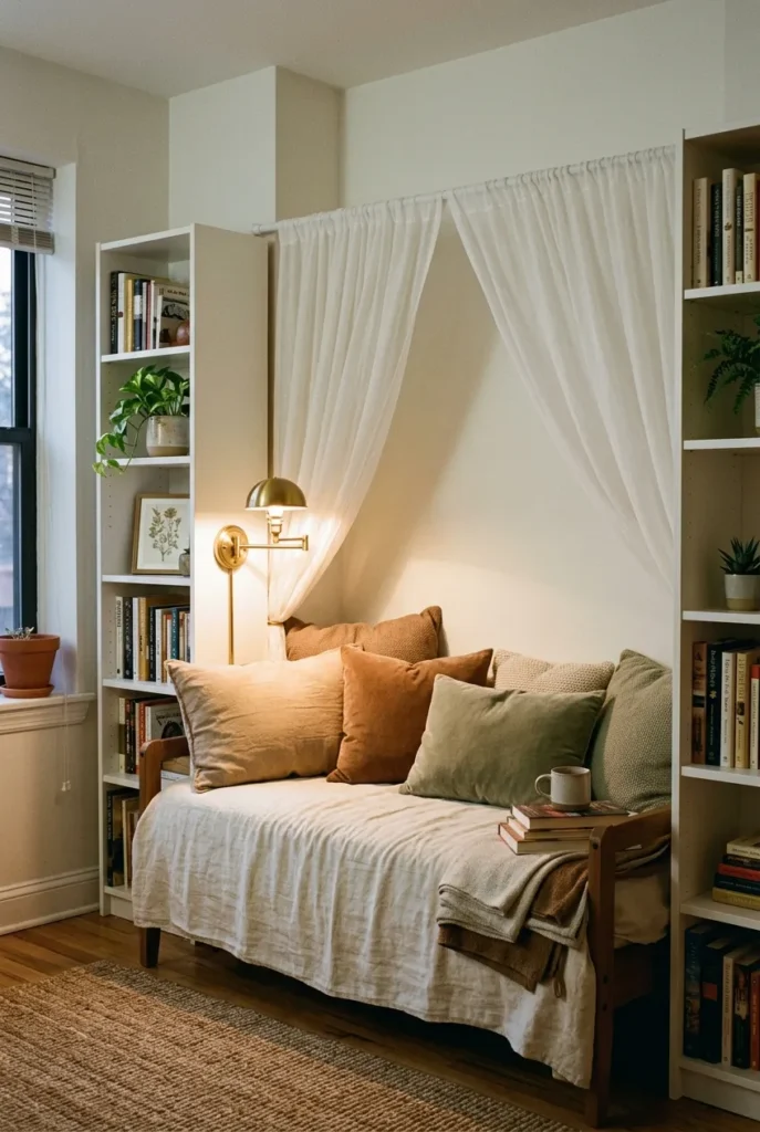 Daybed between two white bookcases with a curtain faking a built-in reading nook.