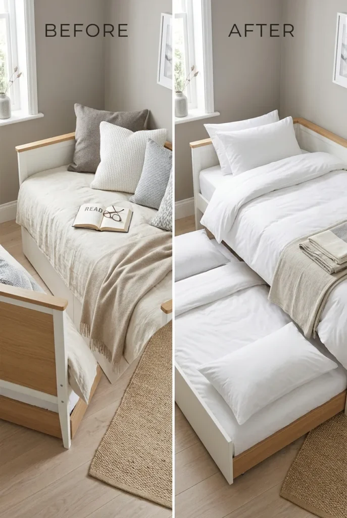 Daybed reading nook shown as a reading corner and as a pulled-out trundle guest bed.