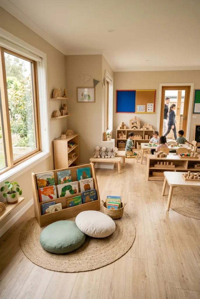 Daycare playroom layout showing the reading corner placed in a quiet window nook.