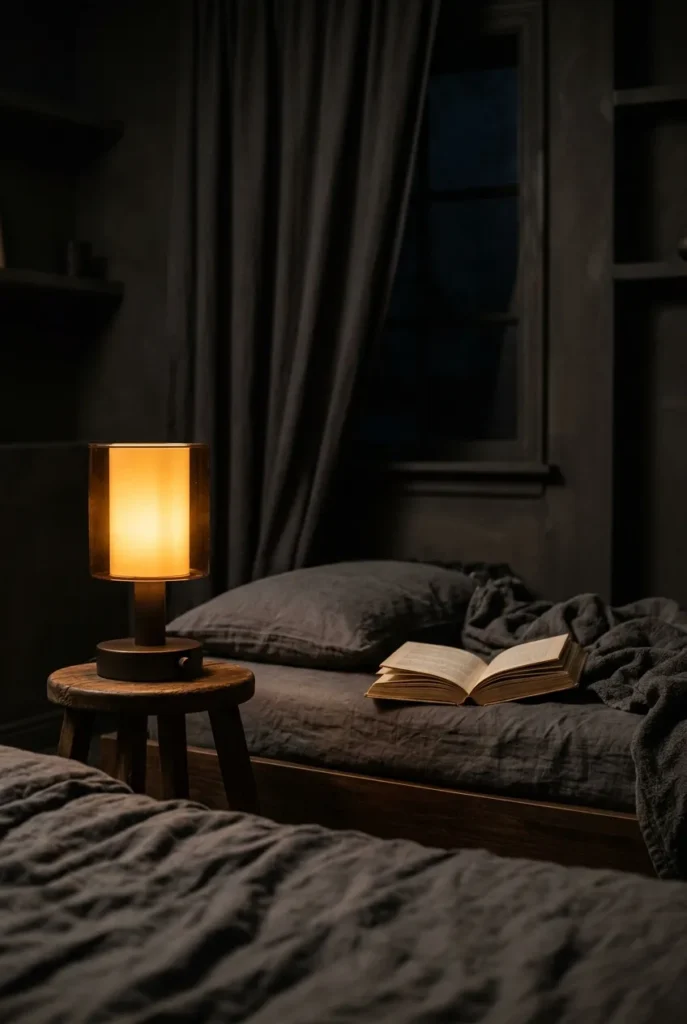 Dim amber lamp beside a daybed at night with a book resting on linen bedding.