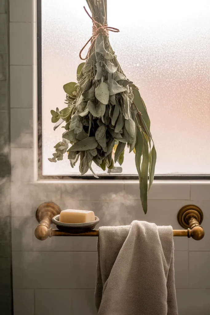 Dried eucalyptus tied to a shower head with steam fogging a bathroom mirror edge