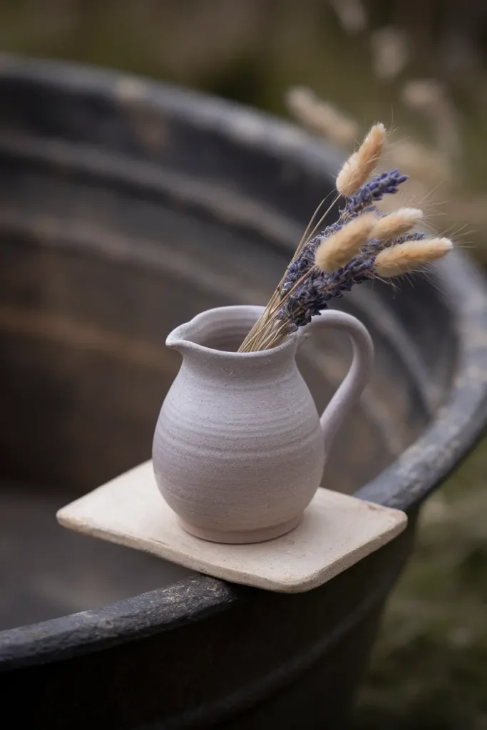 Dried lavender bunch in a stoneware pitcher on a cast iron tub rim.