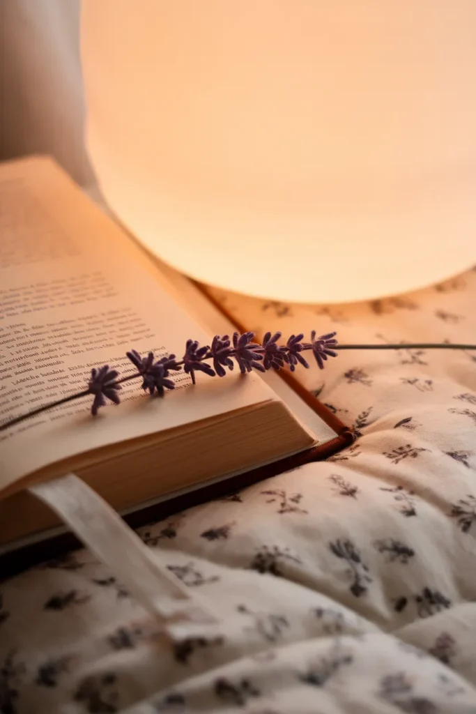 Dried lavender on a floral cottagecore quilt beside an open book and warm lamp glow.