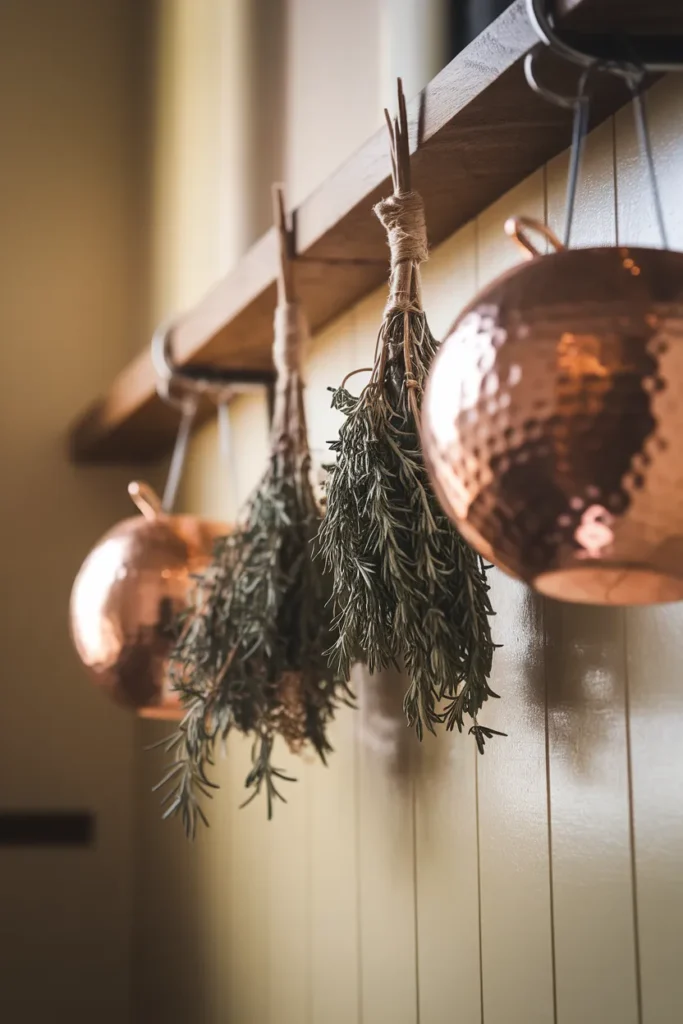 Dried rosemary and thyme bundles hanging beside copper pots in late afternoon window light