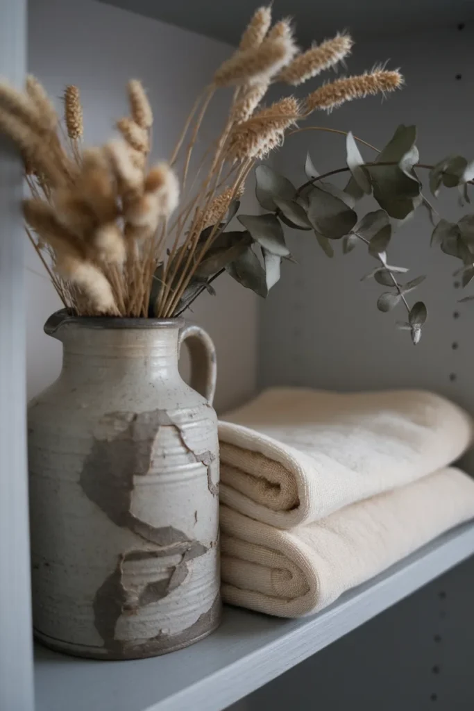 Dried yarrow and bunny tail grass in a stoneware jug on a wooden bathroom shelf