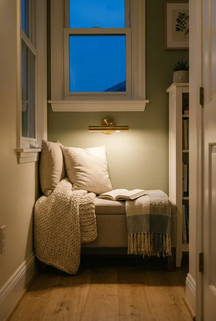 End of hallway reading bench against a sage wall with a bolster pillow and warm picture light.