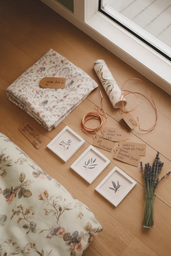 Every item in a $200 cottagecore bedroom refresh laid flat with price tags.