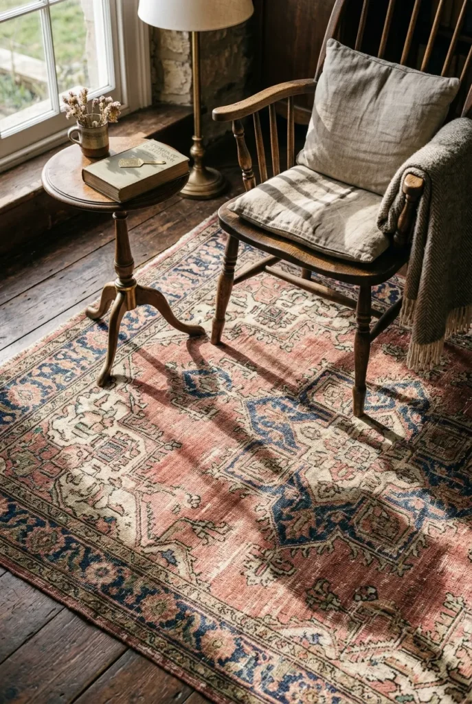 Faded Persian wool rug grounding a vintage chair and side table in a reading corner.