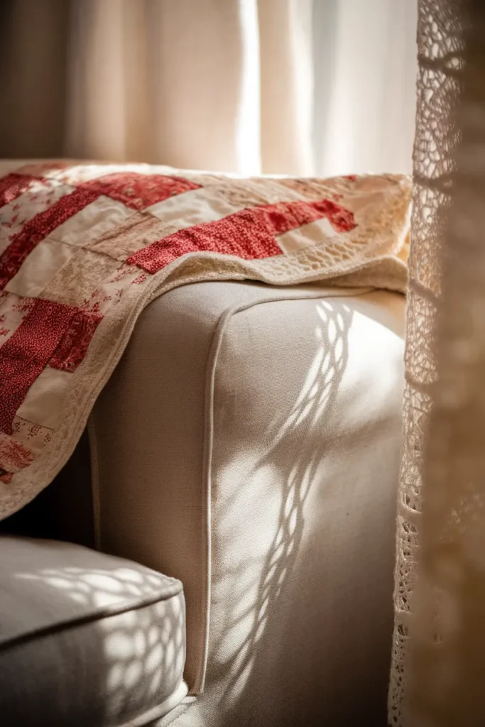 Faded patchwork quilt on a linen sofa arm with lace curtain light, layered cottagecore textiles