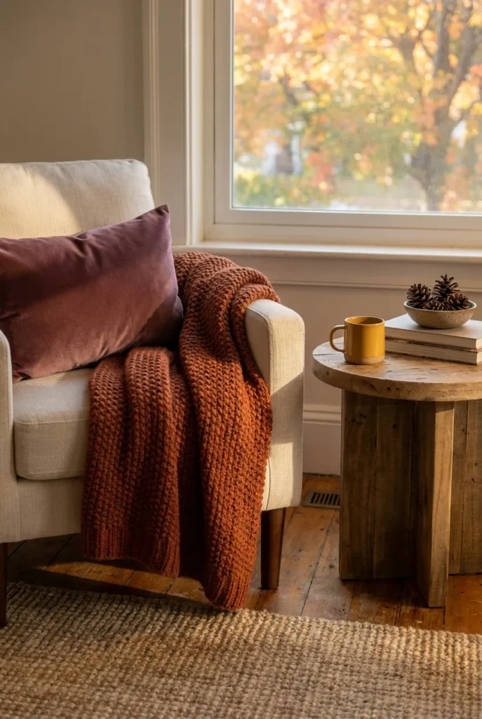 Fall reading nook color palette with rust, mustard, oatmeal, and plum accents.