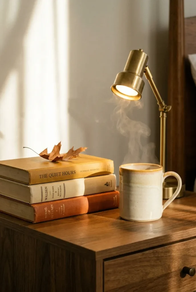 Fall reading nook side table with book stack, warm mug, and brass light.
