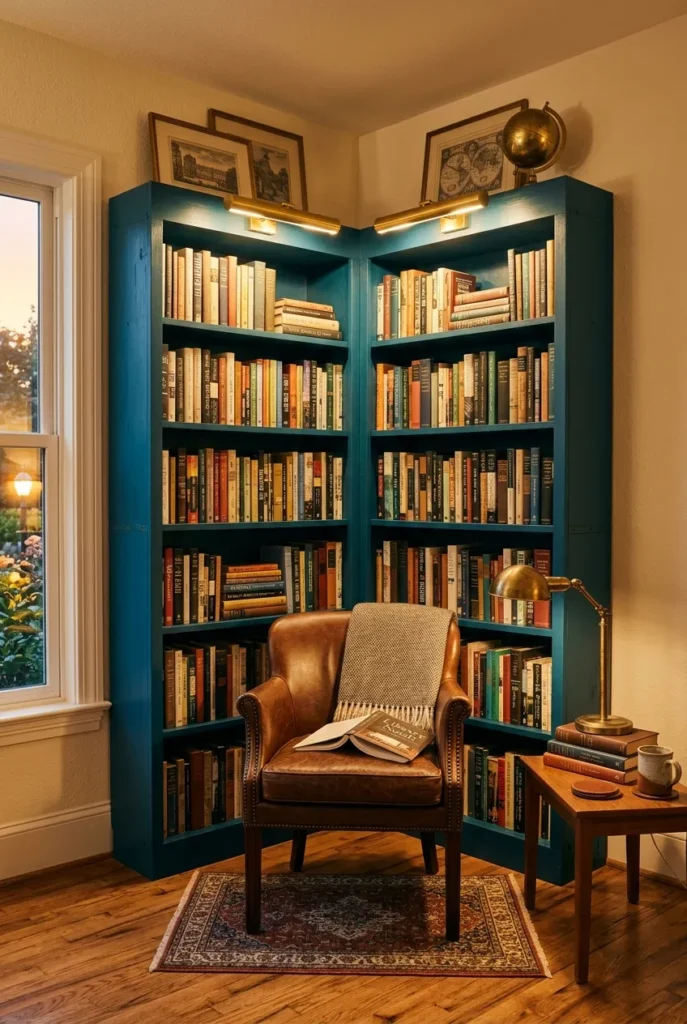 Faux built-in blue bookcases with a chair tucked between them and a picture light.