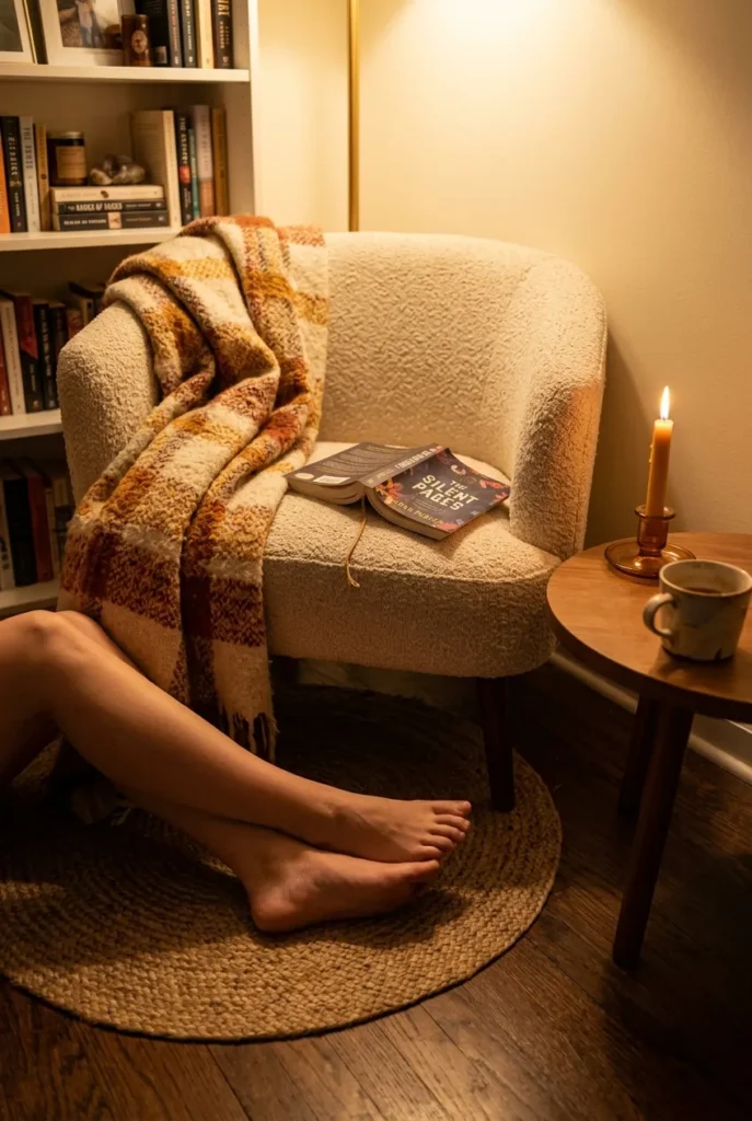Feet on a jute rug in a corner reading nook with a wool throw and lit candle
