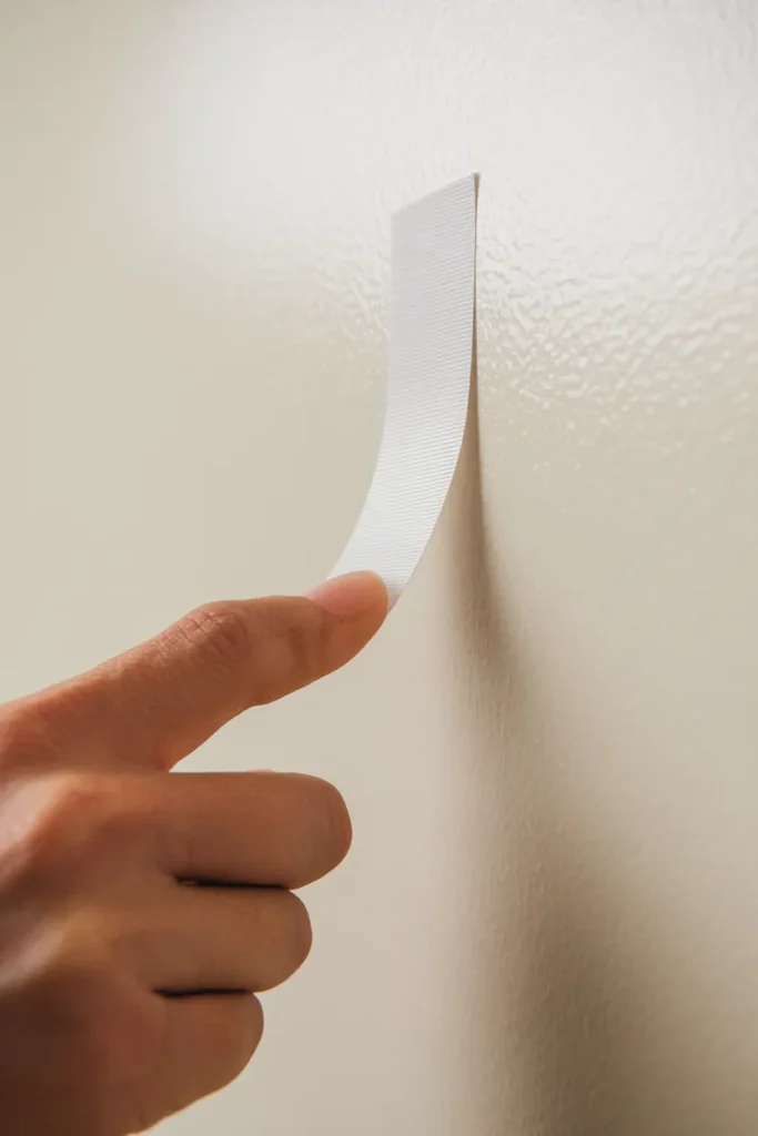 Fingers pulling an adhesive strip tab straight down to remove it from a rental wall without damage. Rental Apartment Decor Ideas