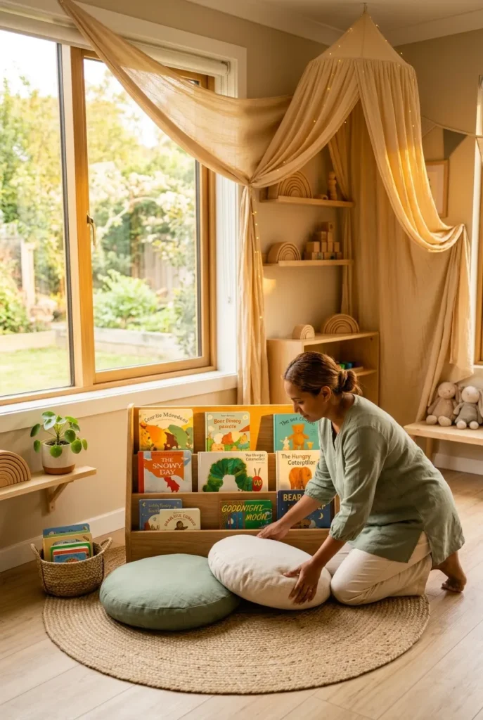 Finished budget daycare reading corner at golden hour with rug, cushions, and book display.