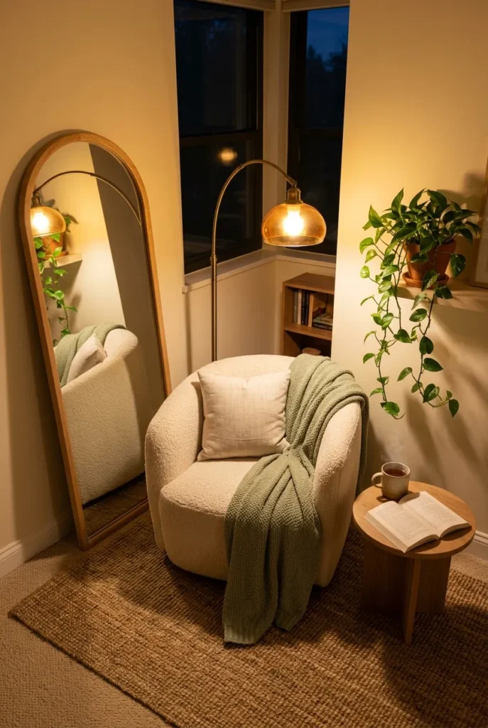 Finished cozy reading nook at dusk with a glowing arched mirror, chair, throw, and warm lamp.