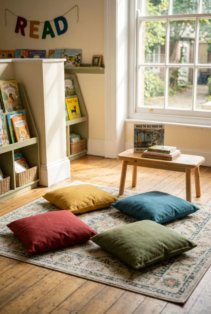 Firm floor cushions and a low bench arranged on a washable rug in a classroom reading corner.