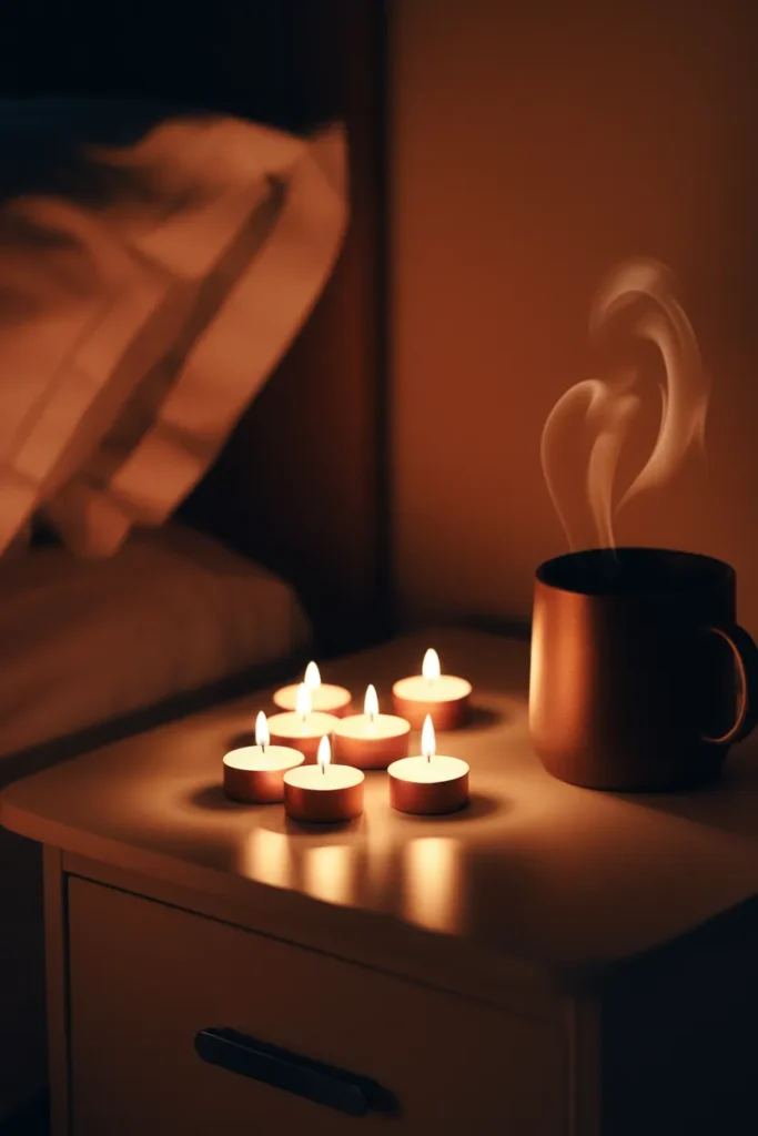 Flameless candles and a mug glowing on a nightstand in a cozy bedroom at night.
