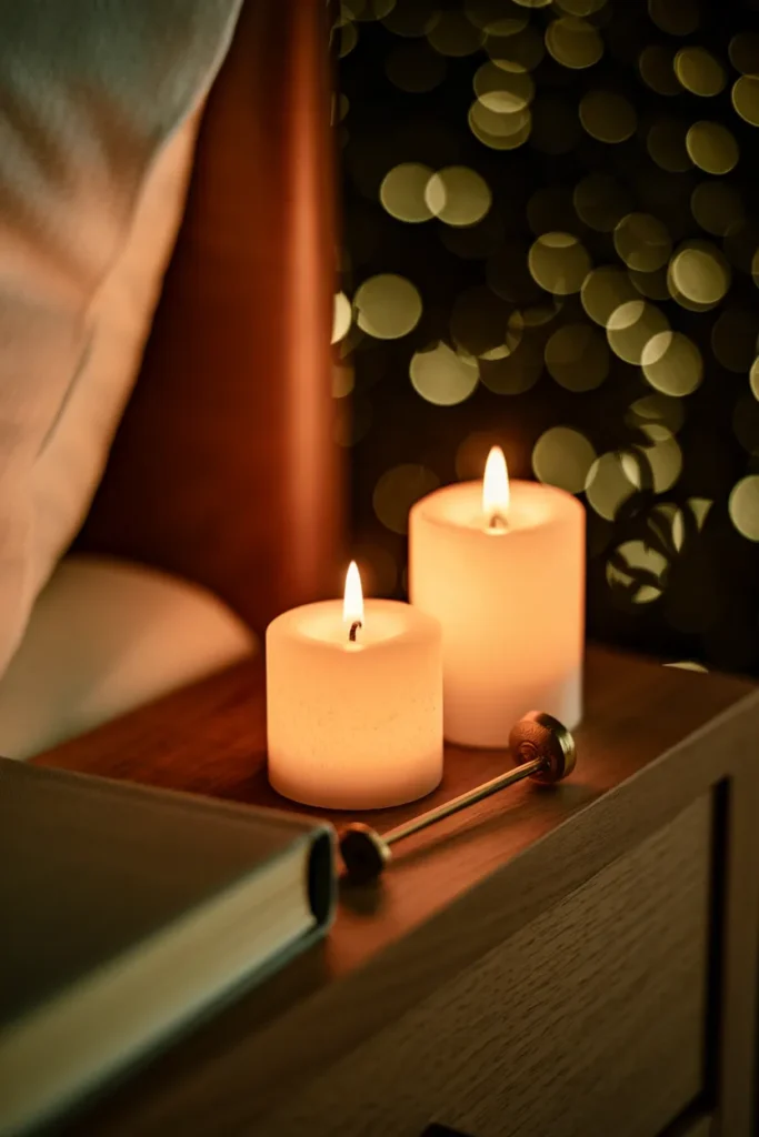 Flameless pillar candles and a brass snuffer on a walnut nightstand