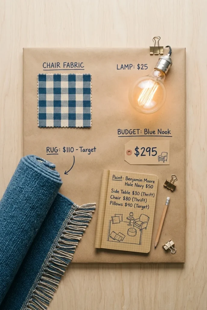 Flat lay budget board with blue chair swatch, rug, bulb, and price tag for a nook.