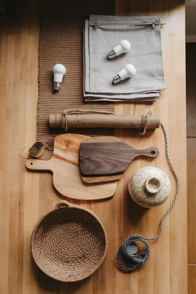 Flat lay of a $200 farmhouse kitchen starter kit bulbs, cafe curtain, jute runner, boards, crock, basket, sconce.