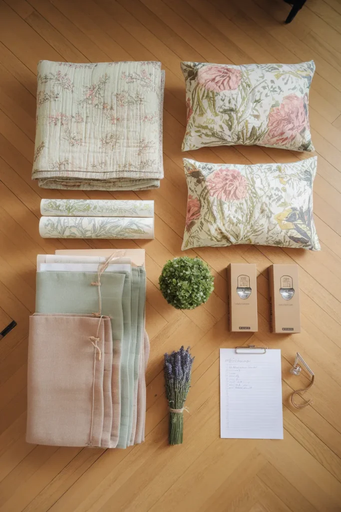 Flat-lay of a budget cottagecore bedroom haul with quilt, wallpaper, sconce, and plant