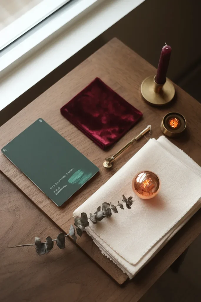 Flat lay of a moody bedroom palette with green paint swatch, velvet, cream linen, and brass