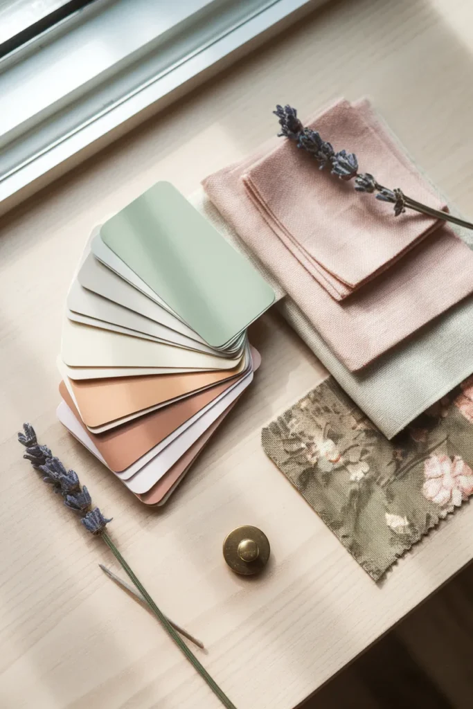 Flat-lay of a sage, cream, and dusty rose color palette for a small cottagecore living room.