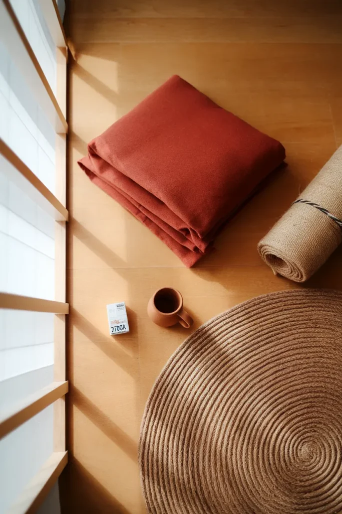 Flat-lay of a terracotta pillow, jute rug, and a 2700K bulb for a reading nook build.