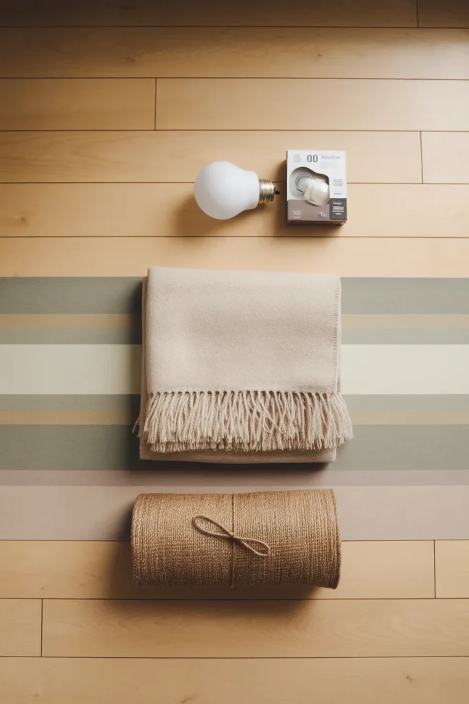 Flat lay of a warm LED bulb, folded wool throw, and rolled jute rug on a pale oak floor.