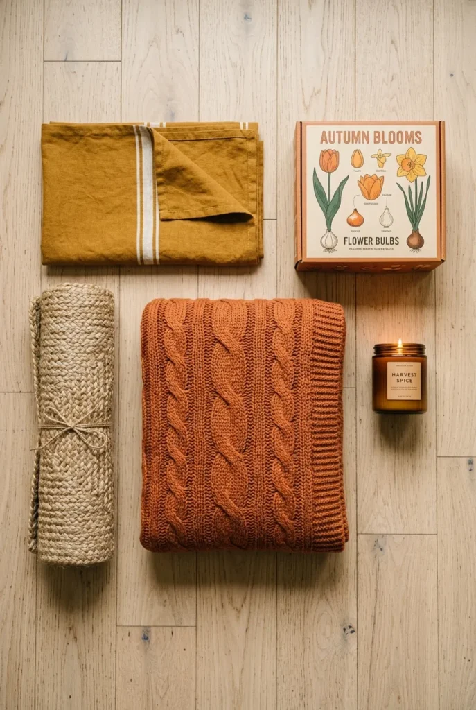 Flat-lay of affordable fall reading nook items including throw, rug, and candle.