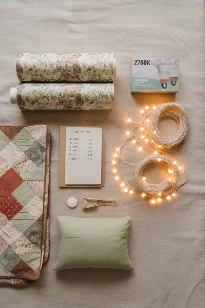 Flat lay of an under $200 small cottagecore bedroom shopping haul with quilt and wallpaper
