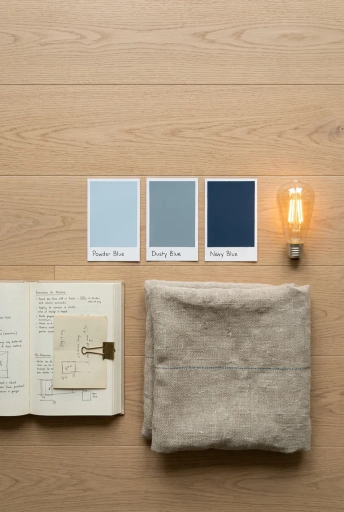 lat lay of blue paint swatches, a warm bulb, and a cushion for a reading nook.