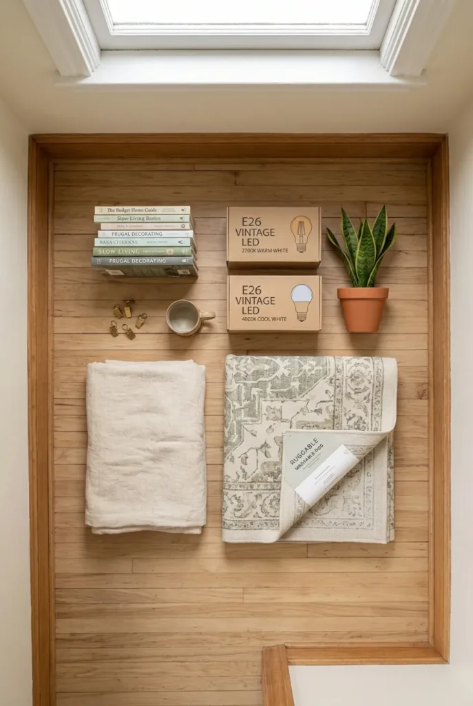 Flat-lay of budget reading nook supplies: rug, throw, two bulbs, plant, books.