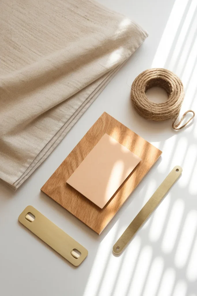 Flat lay of cottage bathroom materials linen, oak, jute and brass hook.