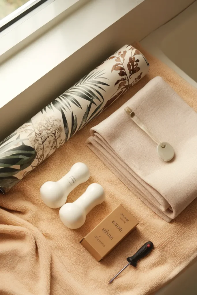Flat lay of cottagecore bathroom starter kit with wallpaper, linen curtain, and warm bulbs