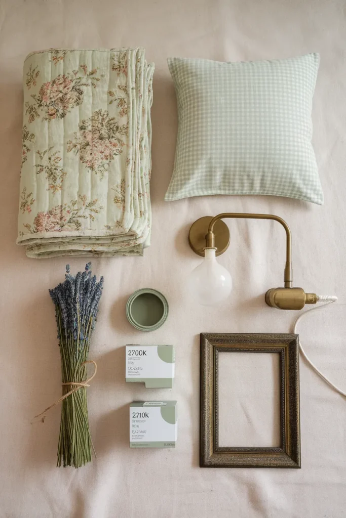 Flat lay of cottagecore bedroom supplies including floral quilt, brass sconce, and 2700K bulbs