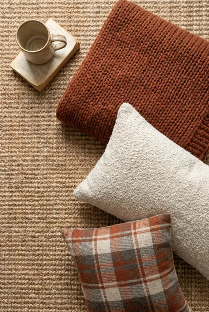 Flat-lay of fall reading nook textiles rust knit throw, boucle pillow, plaid pillow.