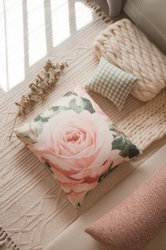 Flat-lay of floral and gingham pillows with knit throw showing a cozy reading nook palette.