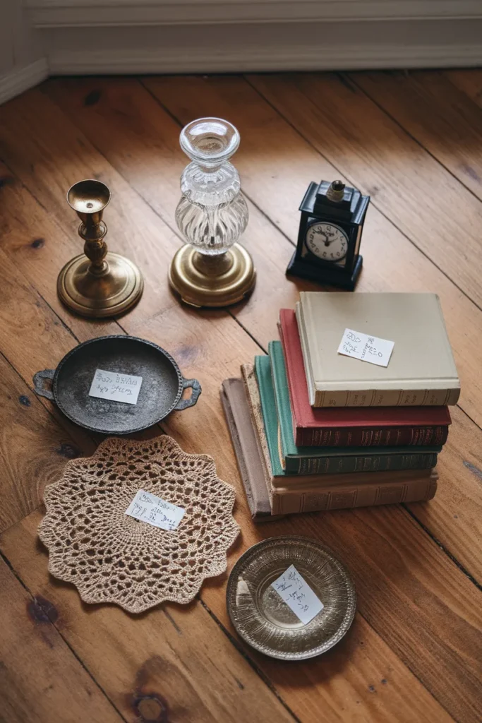 Flat lay of granny chic antique finds with brass candlesticks, oil lamp, clothbound books and china