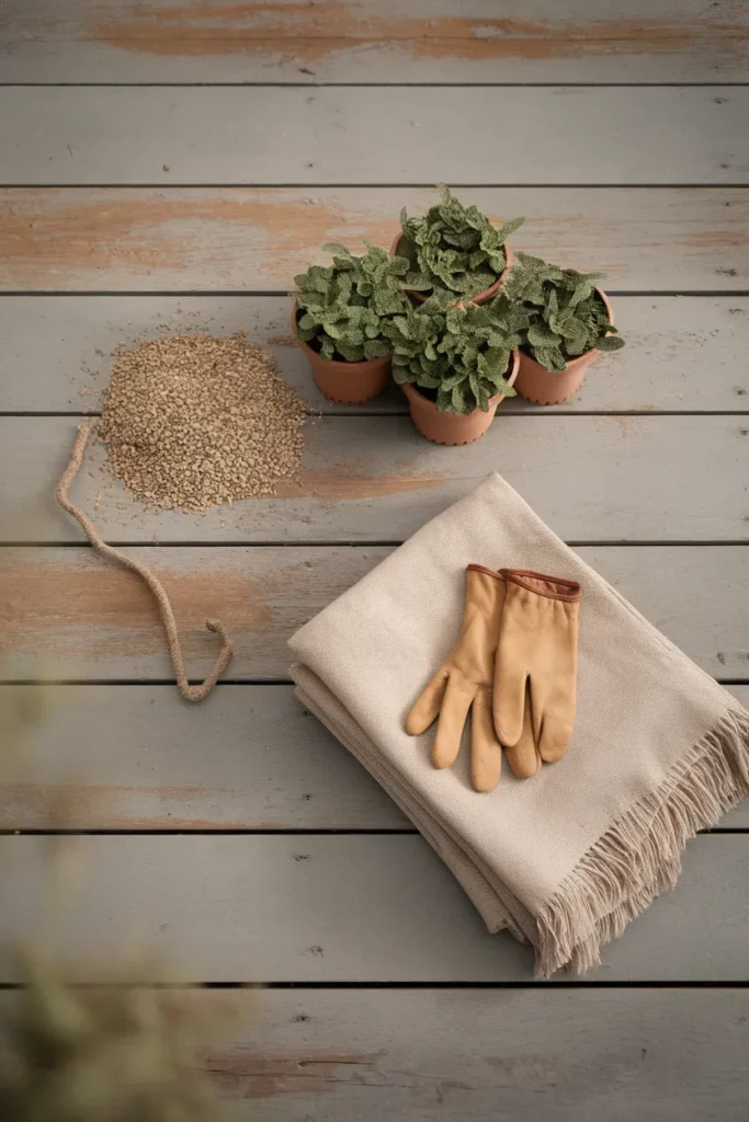 Flat lay of gravel, catmint pots and a linen throw for a cottagecore garden.