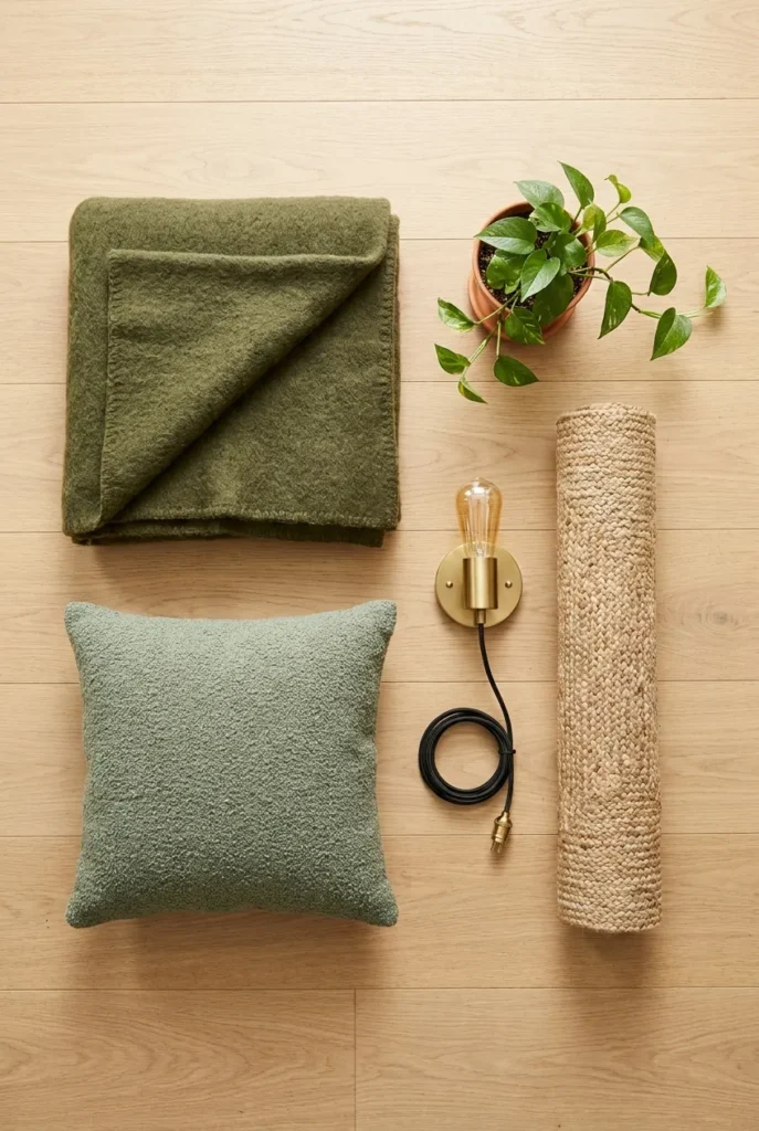 Flat-lay of green reading nook supplies olive throw, sage pillow, brass sconce, jute rug, and pothos.