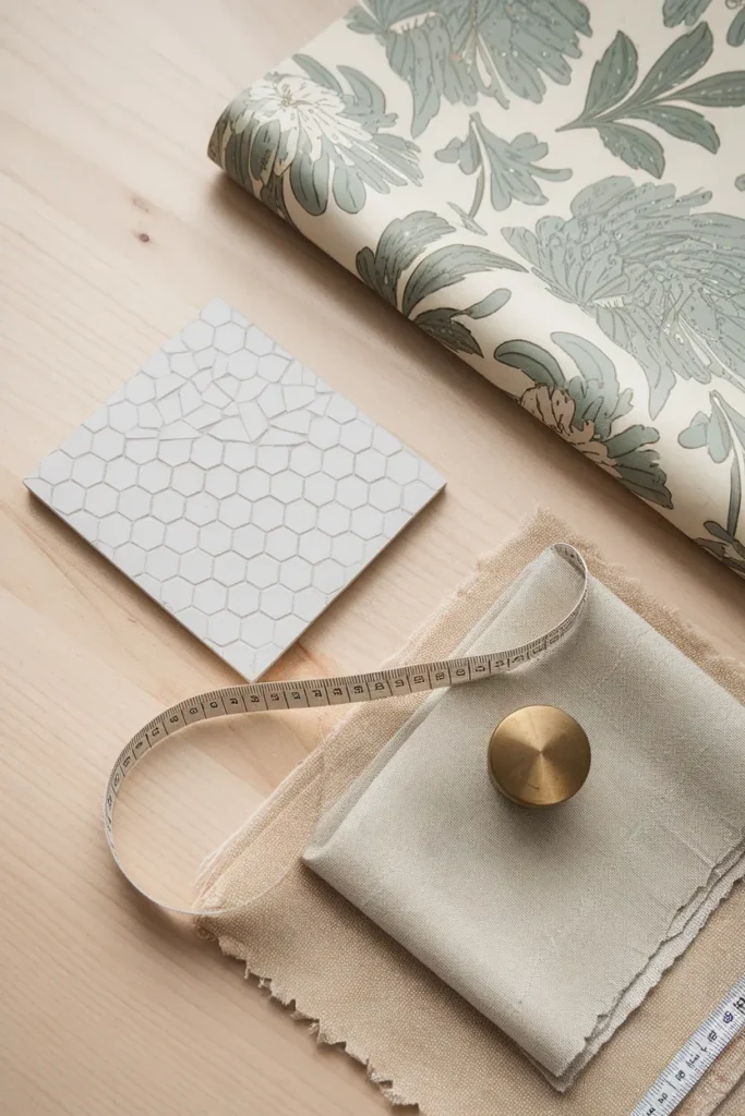 Flat lay of hexagon tile, floral wallpaper, linen and brass knob for a cottage bathroom