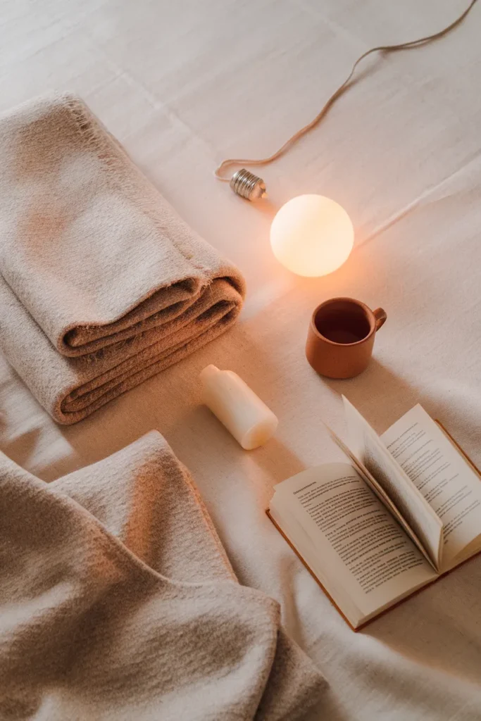 Flat lay of hygge decor essentials wool throw, warm bulb, clay mug, book, and candle on linen.