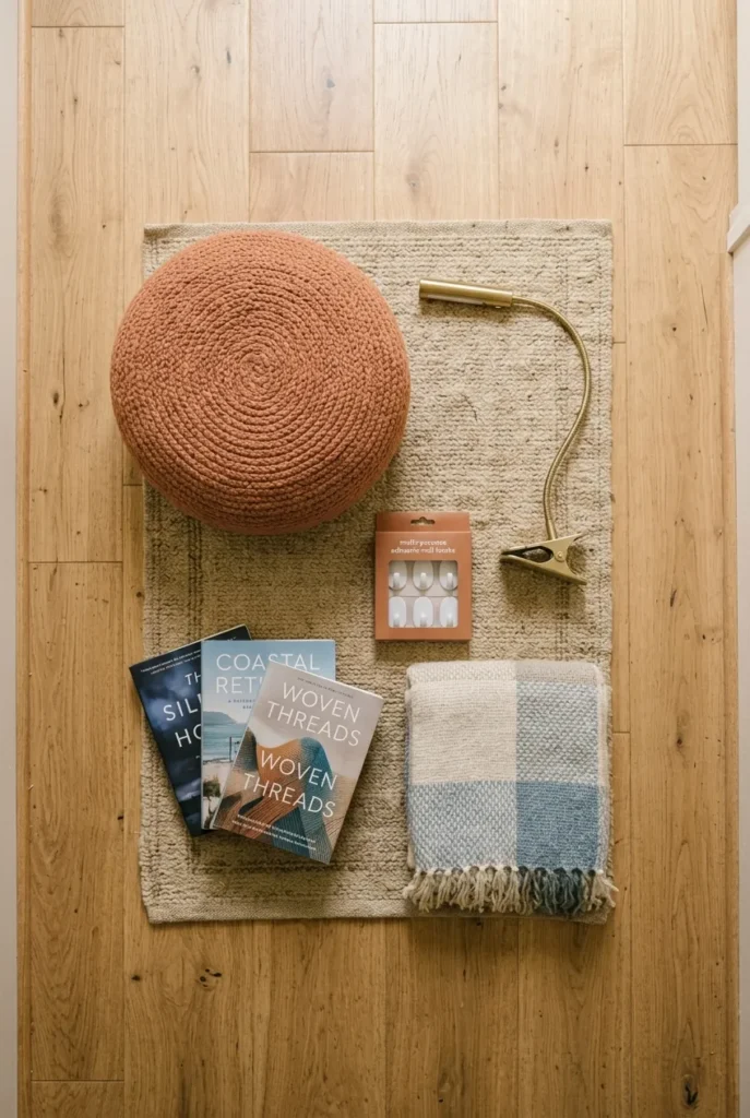Flat lay of no-drill hallway reading nook supplies including a pouf, clip light, and hooks.