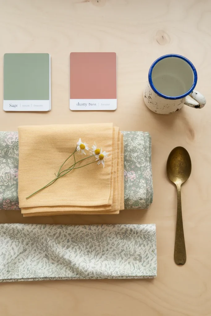 Flat lay of pastel swatches, floral fabric, and vintage kitchen pieces showing a three layer styling formula